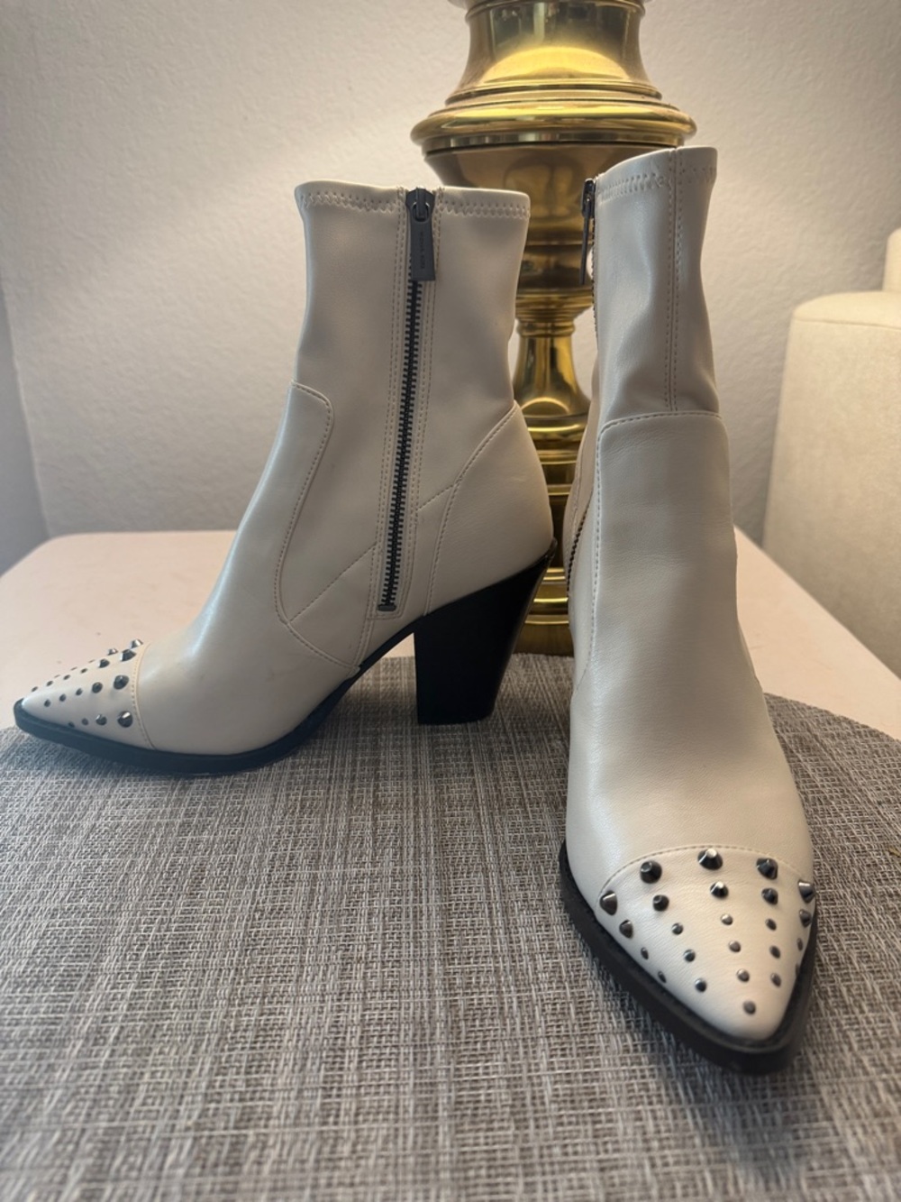 Michael Kors White Pointed Toe Studded Leather Ankle Boots
